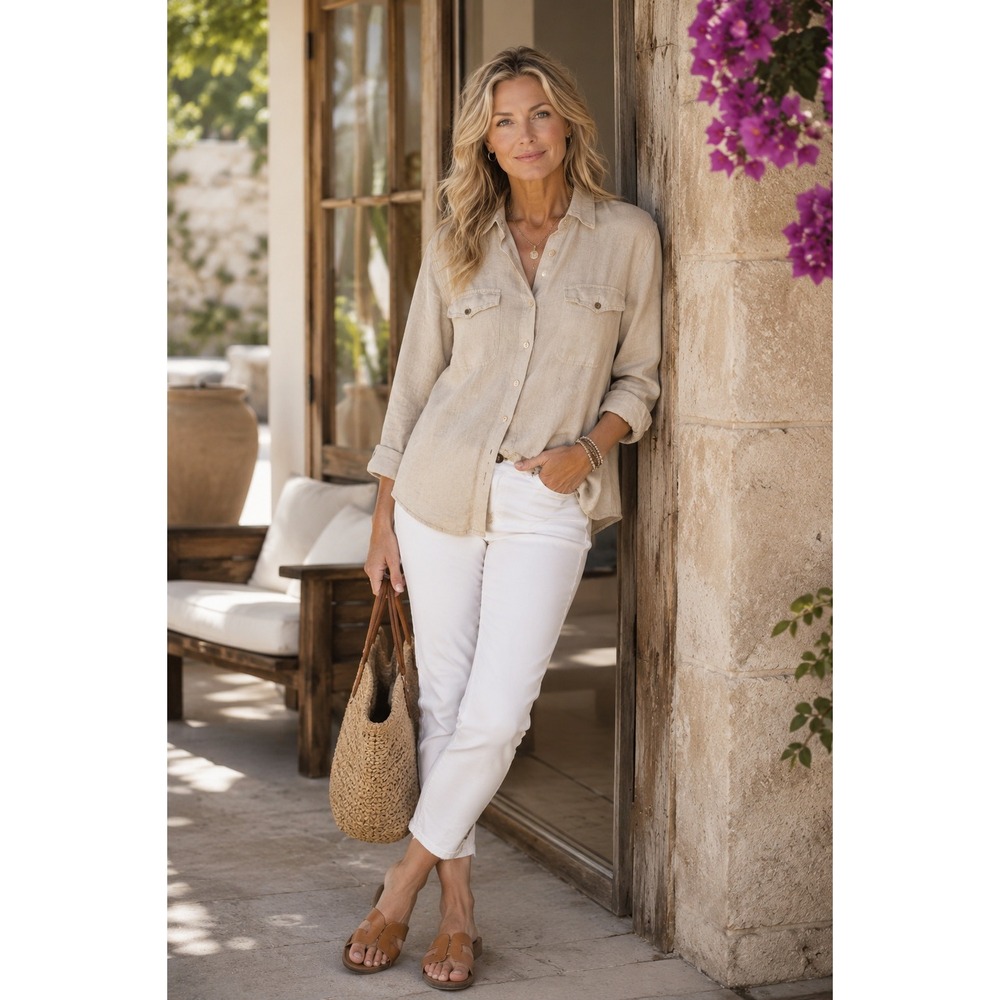 Lizwear Women's Beige Linen & Cotton Top Blouse Tunic Large Minimalist